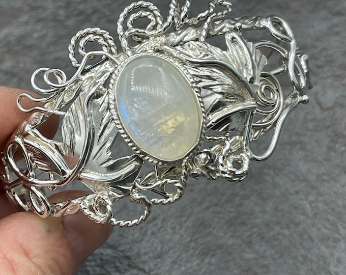 Handmade Sterling Silver Cuff Bracelet: Elven Leaves & Rainbow Moonstone