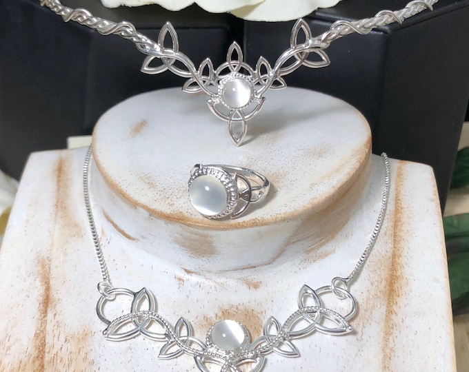 Moonstone Irish Celtic Trinity Knot Jewelry Set Tiara Necklace Ring in Sterling Silver, Handmade Irish Jewelry Sets, Gifts For Her