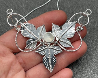 Handmade Sterling Silver Woodland Elvish Botanical Leaf Necklace with 8mm Moonstone, Woodland Fantasy Jewelry, Fairy Jewelry, Fae Necklace