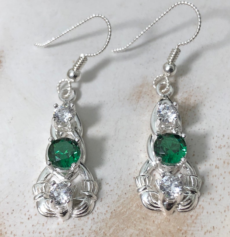 Irish Claddagh Emerald Necklace and Earring Set in Sterling Silver, Artisan Celtic Jewelry Set, Gifts For Her, White Topaz and Emeralds image 4