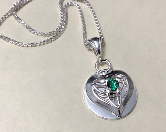 Celtic Heart Knot Emerald Necklace in Sterling Silver, Irish Necklace, Gifts For Her, Charmed TV Show, Celtic Jewelry