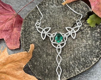 Emerald Celtic Knot Necklace in Sterling Silver, Irish Necklaces, Gifts For Her, Birthday, Anniversary, Irish Wedding