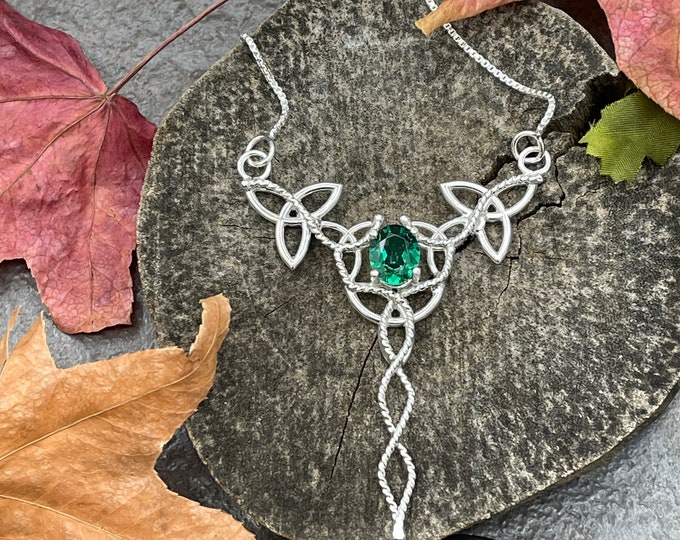 Emerald Celtic Knot Necklace in Sterling Silver, Irish Necklaces, Gifts For Her, Birthday, Anniversary, Irish Wedding