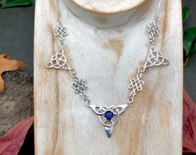 Celtic Trinity Knot Faceted Sapphire Necklace in Sterling Silver, Irish Necklaces, Artisan Neck Jewelry, Bohemian Necklaces