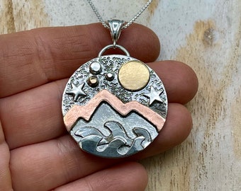 Sterling Silver Mixed Metal Forest Necklace, Enchanted Jewelry, Tree Jewelry, Gold and Silver Jewelry Moon Nature Landscape Necklace, Gift