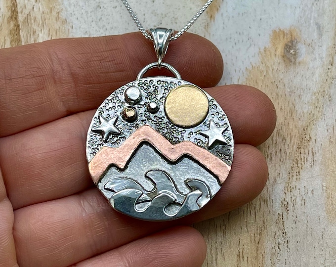 Sterling Silver Mixed Metal Forest Necklace, Enchanted Jewelry, Tree Jewelry, Gold and Silver Jewelry Moon Nature Landscape Necklace, Gift