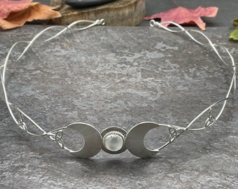 Celtic Trinity Knot Goddess Moon Moonstone Tiara in Sterling Silver, Alternative Bridal Circlet, Handfasting, Pagan, SCA, Artisan Headpieces