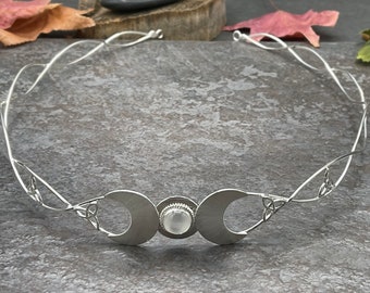 Sterling Silver Moonstone Circlet: Celtic Trinity Knot Goddess Headpiece. Fantasy Wedding