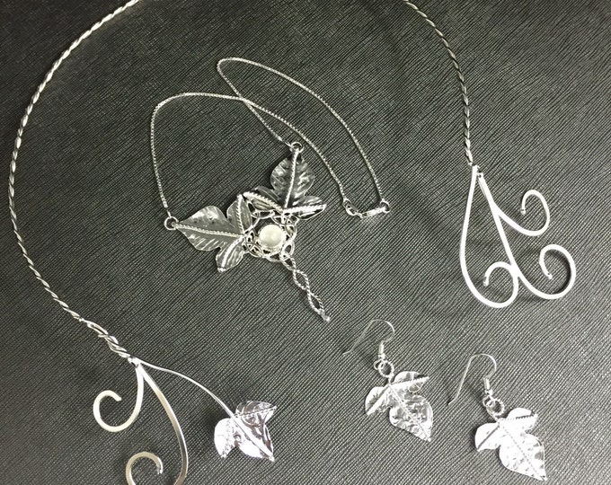 Woodland Leaf Earrings, Neck Torc and Necklace with Moonstone in Sterling Silver, Moonstone Jewelry Sets, Gifts For Her