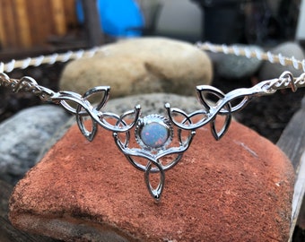 Celtic Triquettra Opal Wedding Bridal Sterling Silver Tiara, Irish Bridal Diadem Opal Gem, Victorian Wedding Circlet, Irish Tiara