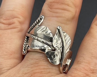 Handmade Sterling Silver Oak Leaf Ring, Textured Vine Tendril, Elvish Design