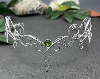 Sterling Silver Fantasy 8mm Emerald Tiara, Moonstone Amethyst Sapphire Elvish Bridal Headpiece, Fantasy Wedding,  Victorian, Woodland Bridal