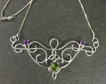 Celtic Victorian Bridal Necklace, Peridot Amethyst Necklace in Sterling Silver, Bohemian Necklace, Gifts For Her, Artisan Jewelry Handmade