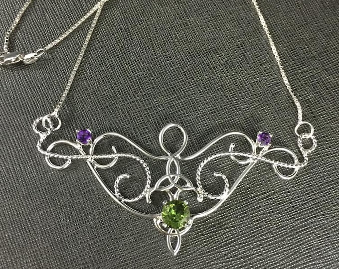 Celtic Victorian Bridal Necklace, Peridot Amethyst Necklace in Sterling Silver, Bohemian Necklace, Gifts For Her, Artisan Jewelry Handmade