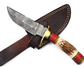 1Damascus Steel Hunting Knife, Fixed Blade Camping Knife, Hand Forged Damascus Knives Gift for Men,  Easy To Carry Bushcraft Knife USA