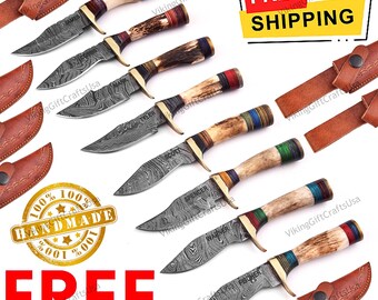 May include: Set of eight handmade Damascus steel hunting knives with stag horn handles. Each knife has a different name engraved on the blade. The knives come with leather sheaths.