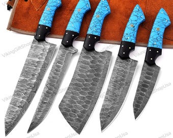 Hand Forged 5 Pcs Damascus Chef Set, Chef Knife Sets, Kitchen Knives, Damascus Chef Knife, Chef Sets, Personalized Knife Gift for Birthday