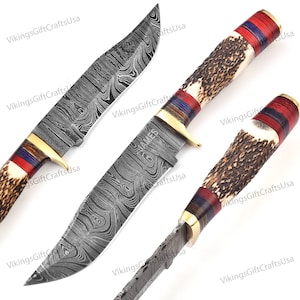 Damascus Steel Hunting Knife with Stag Antler Handle, personalized Skinner Knife, Damascus Steel Knife, Handmade Camping Knives Gift for men