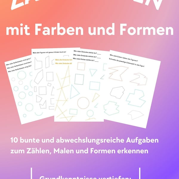 Mathe Arbeitsblatt: Zählen üben mit Farben und Formen | Formen und Ecken zählen und anmalen, sowie Grundformen wie Dreieck, Quadrat erkennen