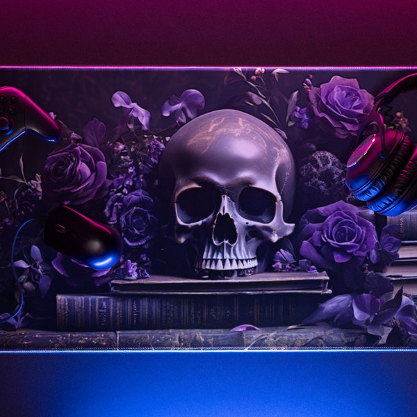 Gothic Desk Pad, Elegant Skull Mouse Pads, Purple Flowers, Vintage Books, Unique Home Office Accessories