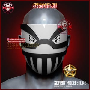 Puede incluir: Una máscara de Mr. Compress en blanco y negro, un archivo STL premium para impresión 3D. La máscara presenta un diseño distintivo con detalles negros y perforados. La imagen incluye el texto "3DPRINTMODELSTORE" y "PREMIUM STL FILE".