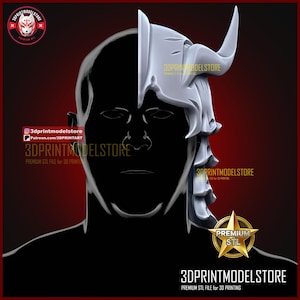 May include: A digital 3D model of a light gray, horned helmet covering the right side of a black silhouette head. The design features a curved horn and layered plating. Text includes 3DPRINTMODELSTORE, PREMIUM STL FILE for 3D PRINTING.