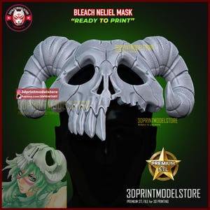 May include: A gray 3D-printed mask with a skull-like design, featuring large curved horns and prominent teeth. The mask is labeled "BLEACH NELIEL MASK" and "READY TO PRINT". The image also includes the logo of 3DPrintModelStore.