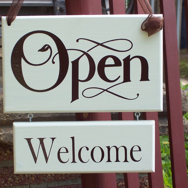 Open Closed Sign For Business Welcome Please Come Again Two Tier Two Sided Reversible Wood Vinyl Retail Store Door Hanger Sign