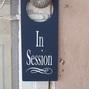 In Session Door Knob Hanger Wood Vinyl Sign Nautical Navy Blue Business Retail Shop Spa Salon Massage Therapy Private Please Wait Inform image 1