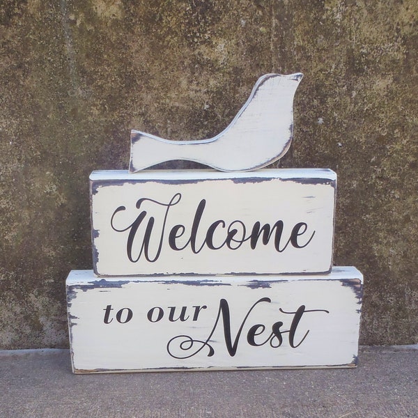 Welcome To Our Nest Bird Wood Vinyl Stacking Wood Block Sign Stacked Signs Cottage Chic Farmhouse Distressed Entryway Table Rustic Decor Art