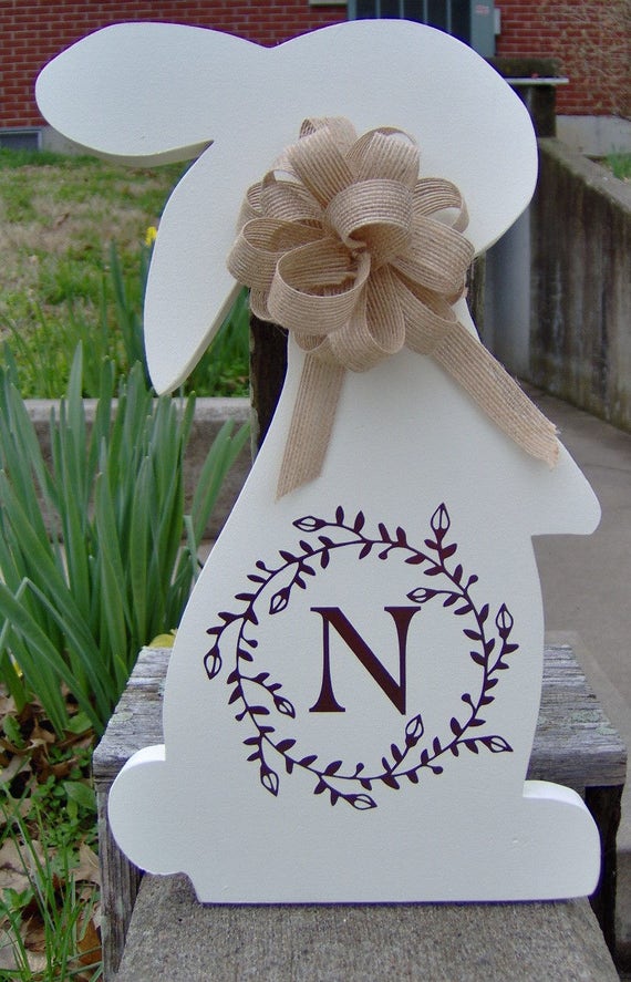 Bunny Rabbit Easter Farmhouse Hare Initial Monogram Vine Wreath Wood Vinyl Sign Door Hanger Spring Wreath Decor Wooden Cut Out Sign Family