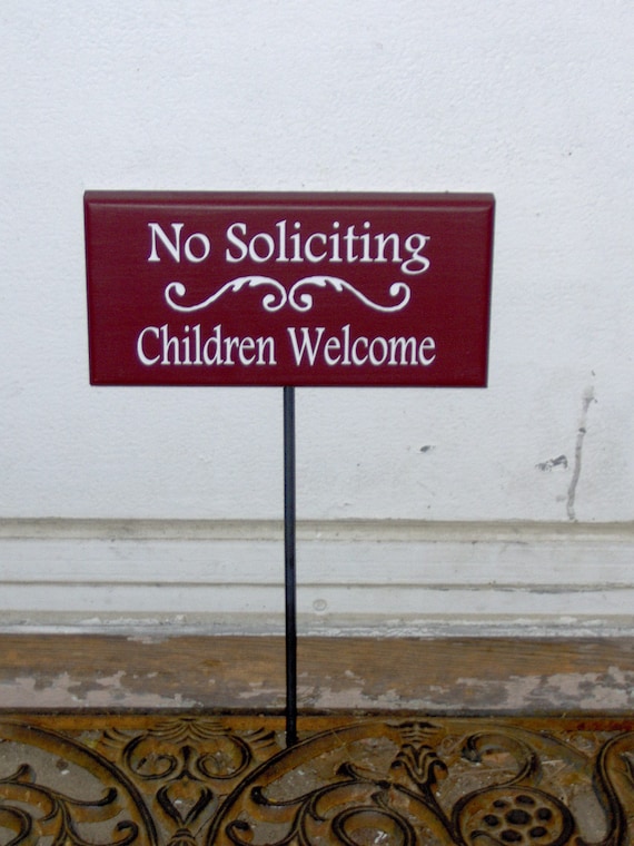 No Soliciting Children Welcome Yard Stake Decorative Sign For Front Lawn or Porch Entrance of Home Personalized Directional Wood Vinyl Signs