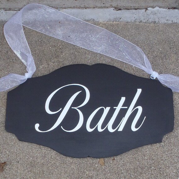 Bath Door Sign Powder Room Sign Wood Vinyl Scallop Design Restroom Bathroom Plaque Vintage Style Door Decor for Homes Businesses Office Door