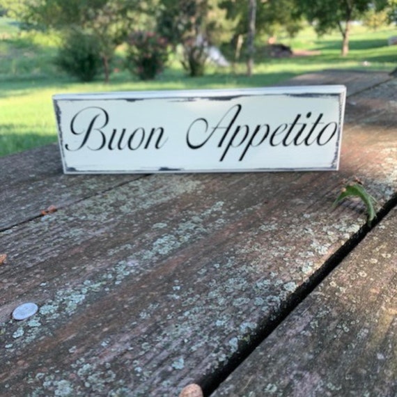 Italian Kitchen Sign Buon Appetito Wall or Tabletop Accent for Interior Home in Rustic Farmhouse Style Wood Vinyl Signage for House or Gift
