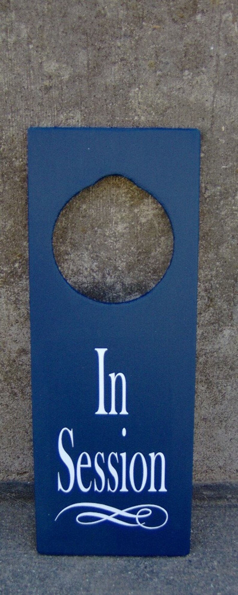 In Session Door Knob Hanger Wood Vinyl Sign Nautical Navy Blue Business Retail Shop Spa Salon Massage Therapy Private Please Wait Inform image 7