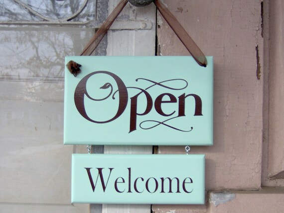 Open Closed Welcome Sign Please Come Again Wood Sign Vinyl 2 Sided Plaque Beach Seafoam Office Business Sign Spa Salon Shop Door Hanger