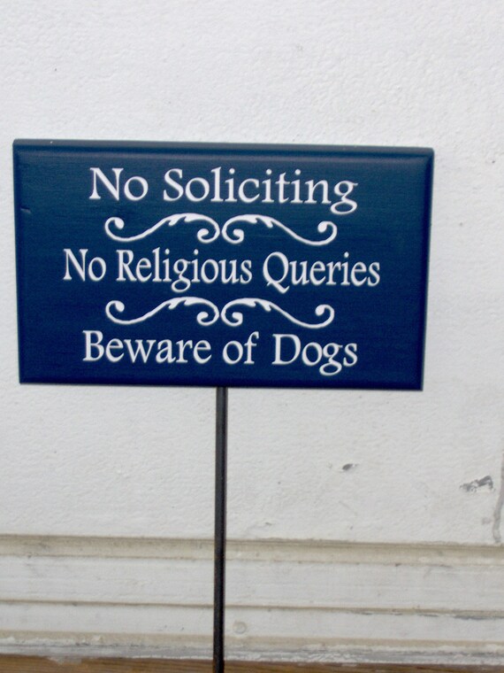 No Soliciting No Religious Queries Beware of Dogs Wood Vinyl Yard Stake Sign Navy Blue Security Yard Sign Entryway Modern Home Outdoor Decor