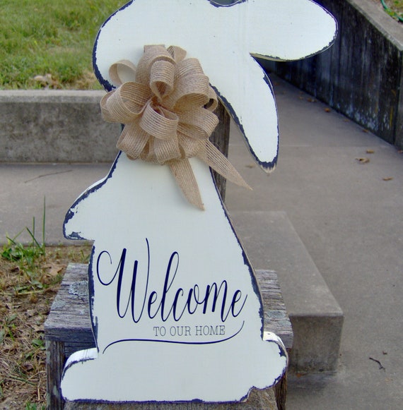 Welcome To Our Home Sign Easter Bunny Rabbit Wood Farmhouse Decor Distressed Wood Vinyl Sign Spring Door Hanger Spring Wreath for Front Door