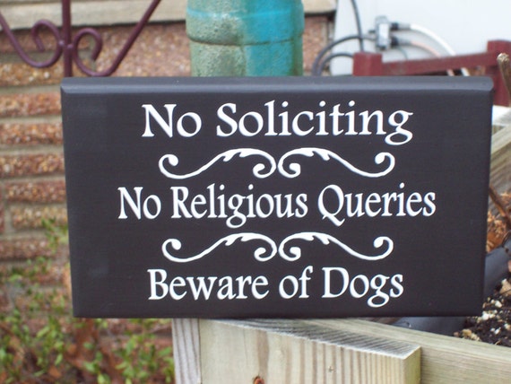 No Soliciting No Religious Queries Beware of Dogs Sign Wood Vinyl Warning Sign for Front Door Hanger or Exterior Porch Entrance Wall Plaque