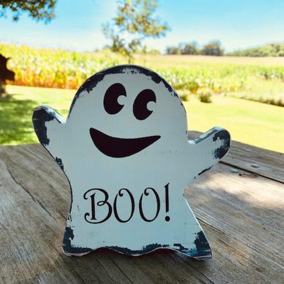 Ghost Halloween Decorations Ghost Boo Sign Handcrafted Wood Ornament Ghost Cutout or Planter Pick Wood Vinyl Sign Festive Fall Decor Sign