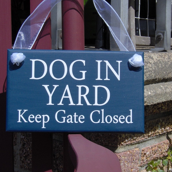 Dog In Yard Keep Gate Closed Wood Vinyl Sign Navy Blue K9 Dog Sign Warning Sign Caution Dog In Yard Sign Backyard Fence Sign Latch Gate Sign