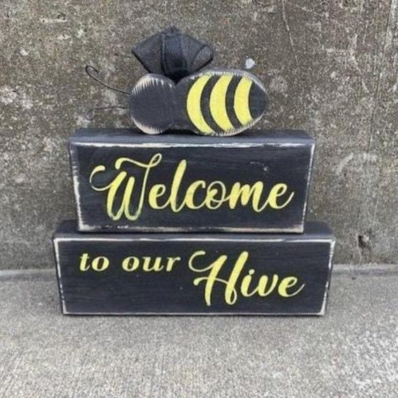 Summer Table Decor Welcome To Our Hive with Bumble Bee Cutout Wood Block Stacked Signs for Porch Entrance or Hallway Entry Decoration Accent