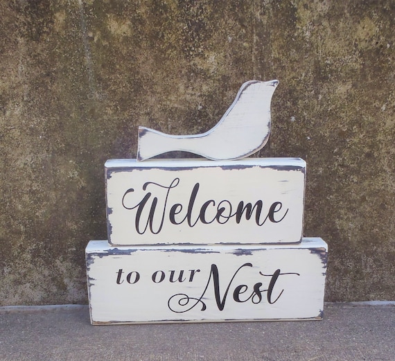 Entryway Signs Welcome To Our Nest Bird Wood Vinyl Stacking Wood Block Stacked Signs Cottage Chic Rustic Farmhouse Distressed Home Decor