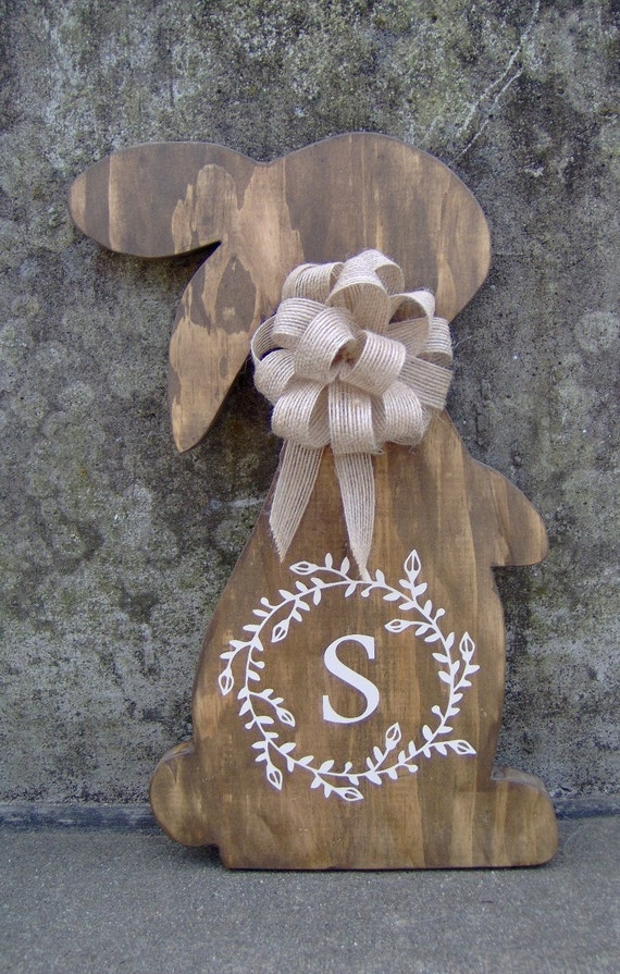 Farmhouse Spring Rabbit Door Decor or Seasonal Porch Wall Hanging Last Name Initial Door Sign Bunny Decoration For Easter