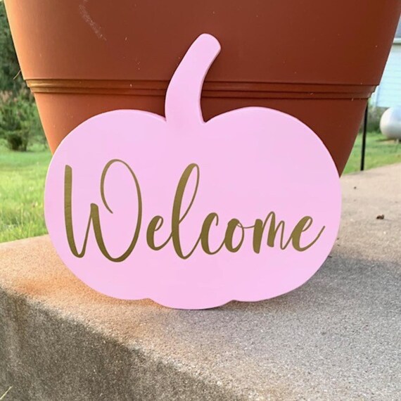 Welcome Pink Sign Fall Pumpkin Door Decorations or Porch Wall Hanging Outdoor Home Decor or Business Autumn Wreath Accent Wood Vinyl Plaque
