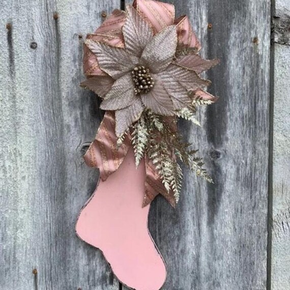 Christmas Stocking Cutout Wooden Holiday Poinsettia Door Hanger or Wall Hanging Victorian Style Pink and Gold Decoration