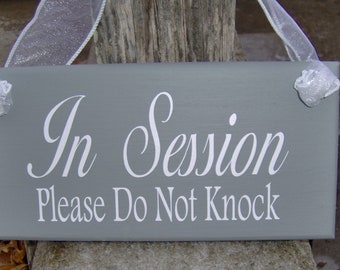 Please Knock In Session Door Sign Hanger Wood Vinyl Signs for Homes or Businesses Interior Room Office Sign Decor Display on Walls or Doors