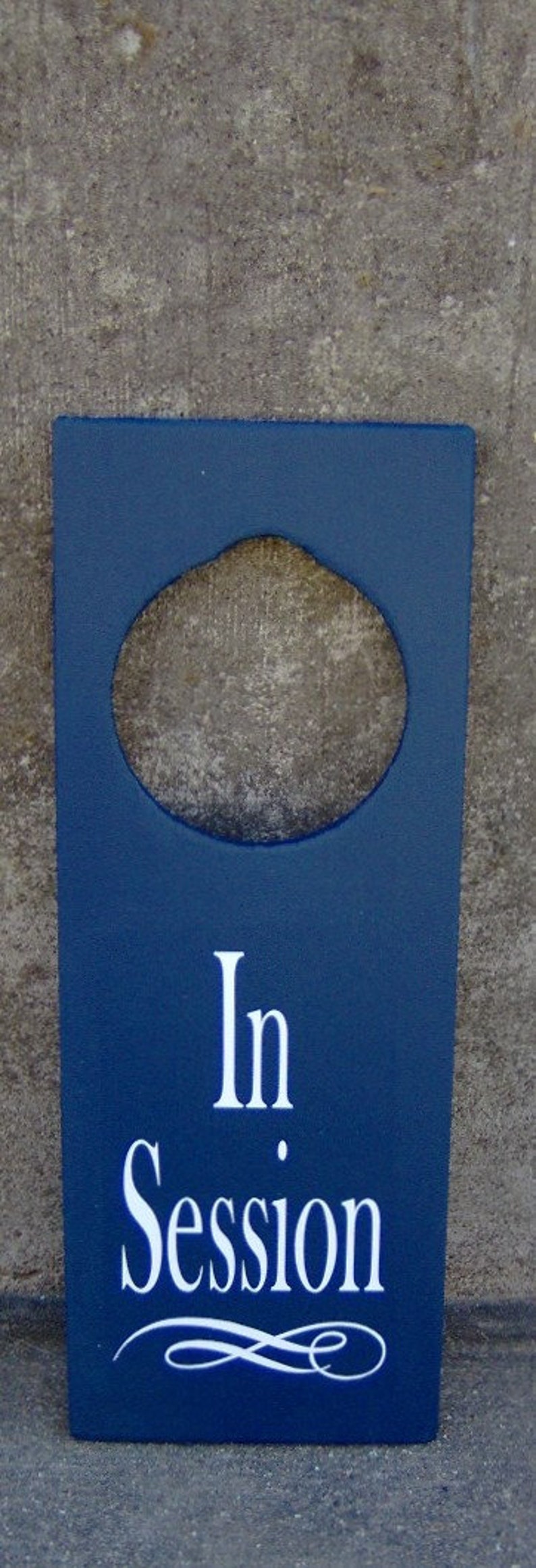 In Session Door Knob Hanger Wood Vinyl Sign Nautical Navy Blue Business Retail Shop Spa Salon Massage Therapy Private Please Wait Inform image 5