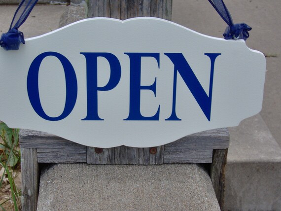 Open Closed Wood Vinyl Sign Reversible Business Sign Office Supplies Decor White and Blue Entryway Sign Front Door Decor Shop Owner Sign Art