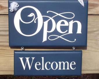 Open Closed Wood Vinyl Welcome Sign Please Come Again Business Sign Office Decor Front Door Blue Retail Sign Office Supplies Door Hanger Art